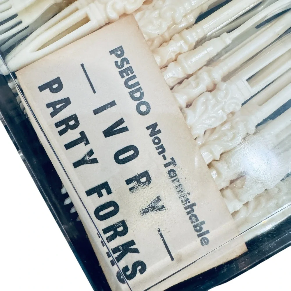 Vintage Pseudo Ivory Party Forks Made in USA Retro Appetizer Cocktail Picks Set
